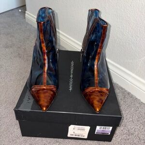 MARCO de VINCENZO Blue PVC Patent Brown Pointy Tortoise Print Ankle Boot 38 1/2